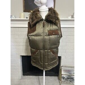 RARE VTG Women Med Ralph Lauren Vest  Silk Cotton Down Fill Puffer Lamb Fur Trim
